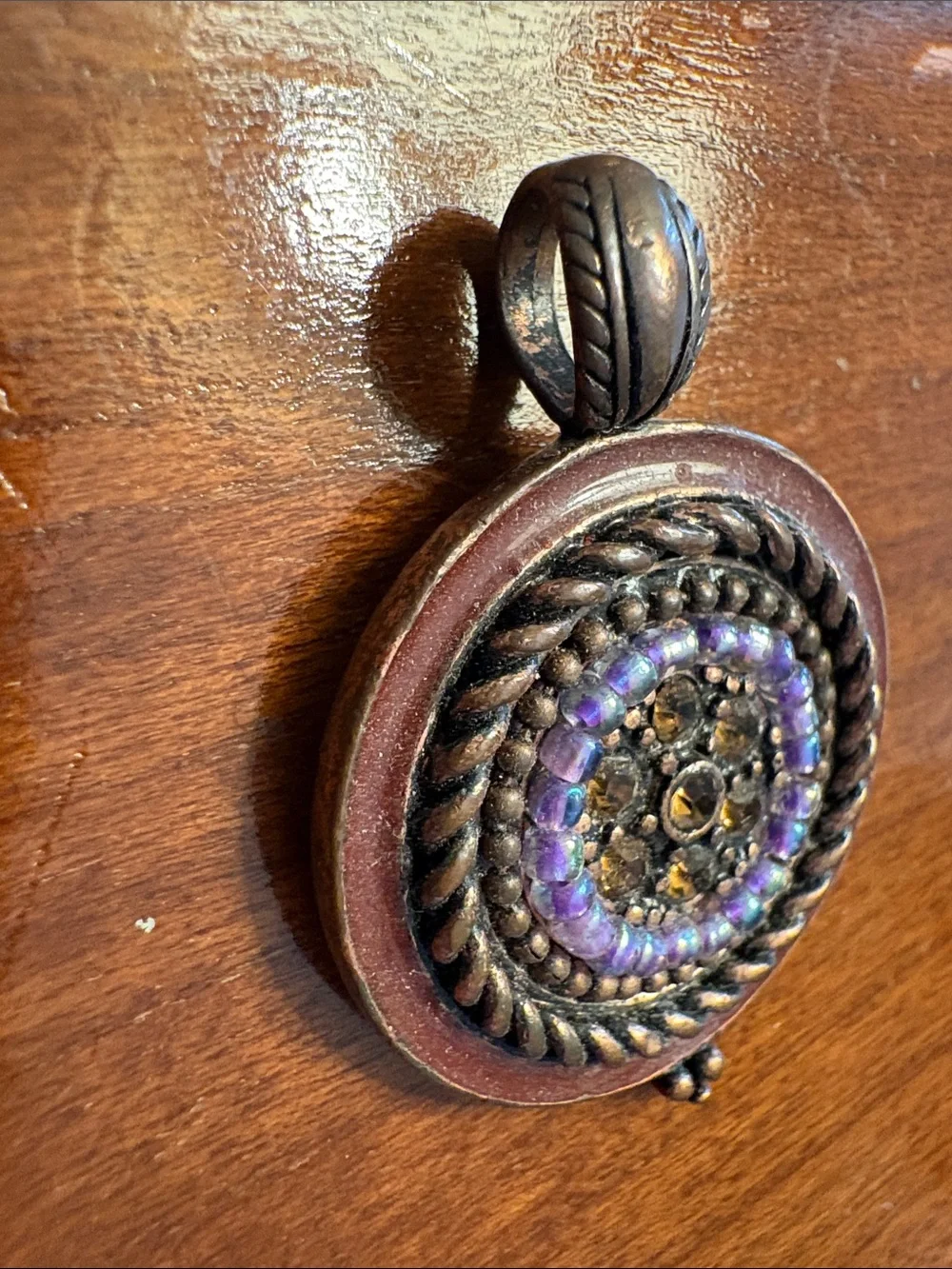 Cookie Lee Bronze-Tone Necklace Pendant with Purple and Amber Accents